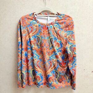 Noracora  Large Womens Jersey Stretch Paisley Print Long Sleeve Blue Orange Top